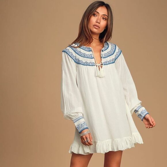 NWT Free People Erin Ivory Embroidered Long Sleeve Mini Dress M - Picture 1 of 5